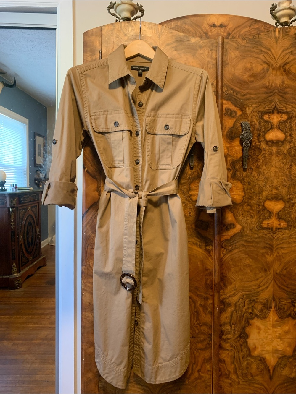 Banana Republic Tan Midi Shirt Dress with Waist Tie